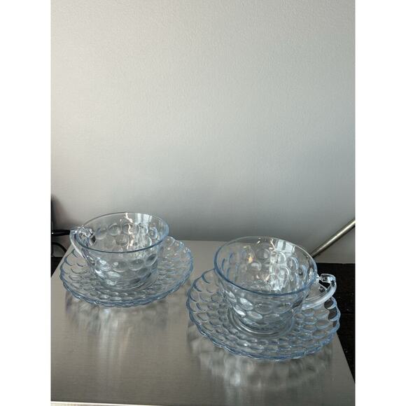 2 Anchor Hocking Fire King Blue Bubble Cup Saucer MCM 1940-1965 Coffee Tea - Picture 16 of 16